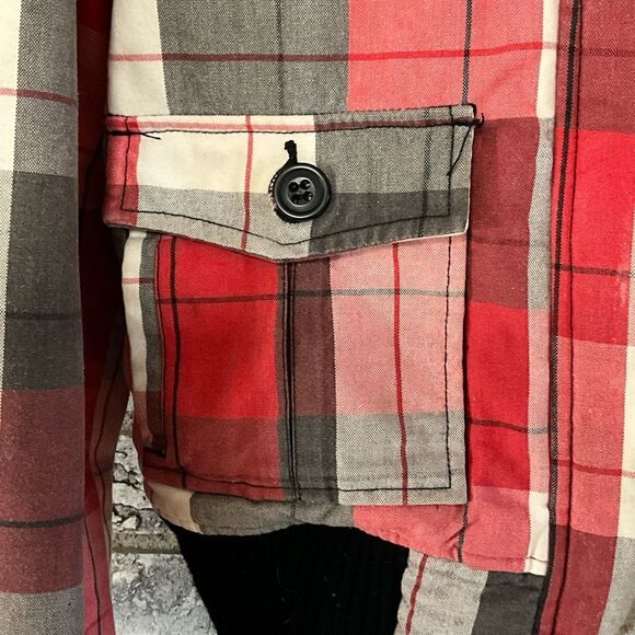 Roxy Red & Gray Plaid Bomber Jacket with Faux Fur Hood – Size S - Picture 3 of 10